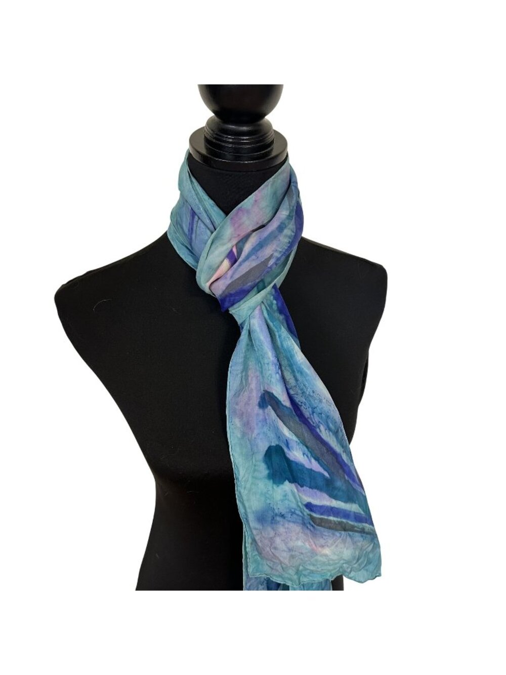 Hand Painted Womens Silk Scarf Abstract Blue & Green Design Neck Beachy Swirl